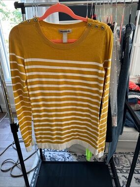 Banana Republic Mustard & White Striped Crewneck Sweater with Shoulder Buttons